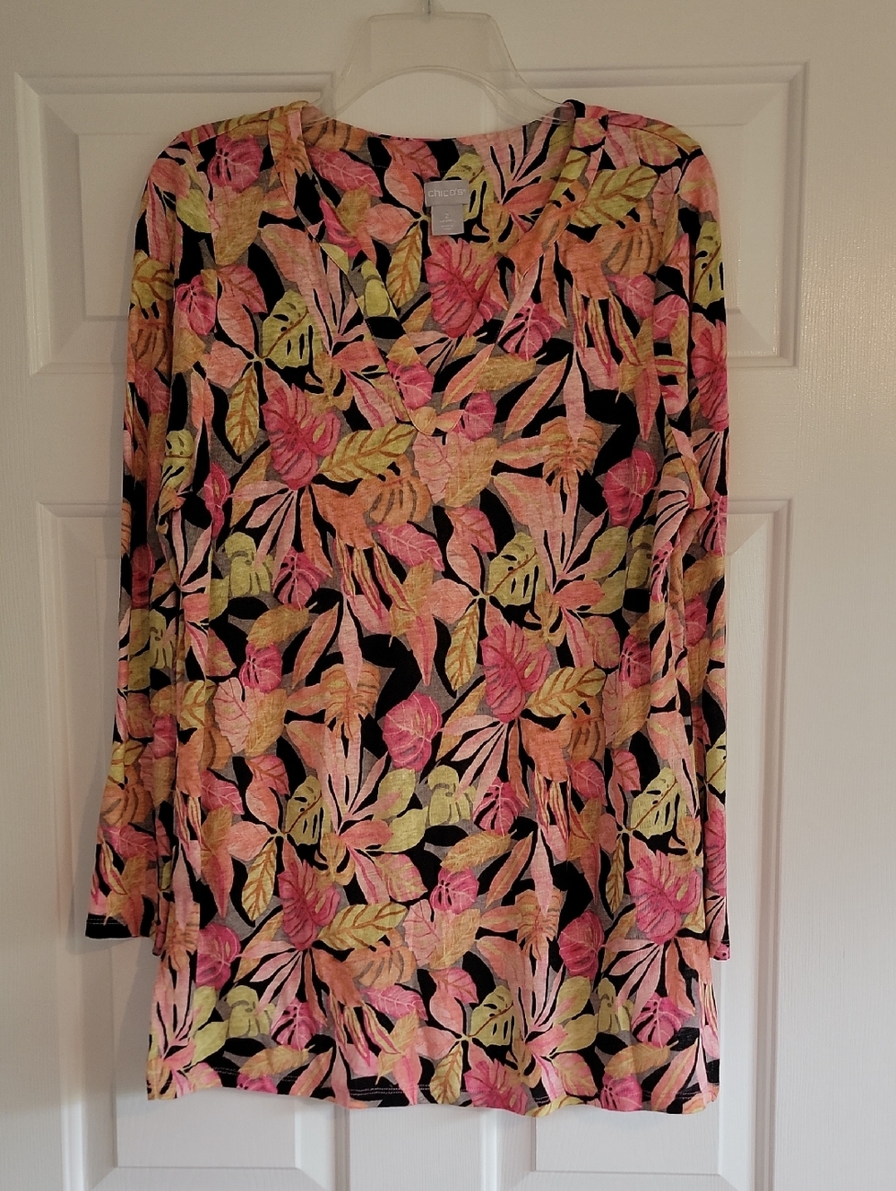 Chico's Black Tunic with Pink, Peach & Lime Leaf Print, 100% Linen, Size 2 (L)
